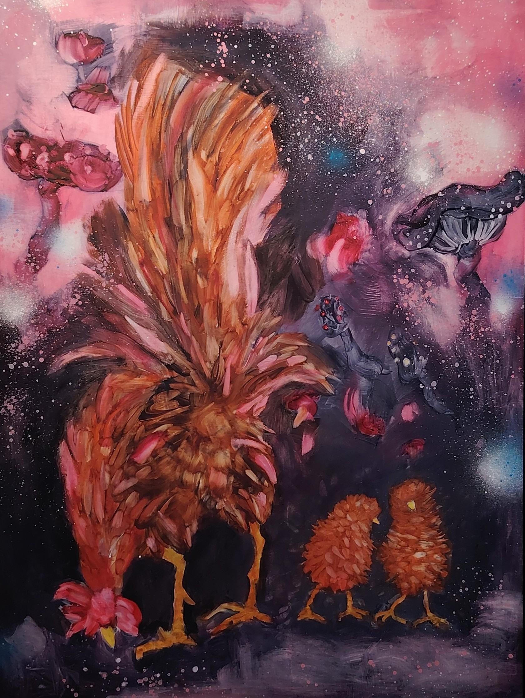 A russet rooster and two chicks emerging from a smoky field of pink, violet, and black.