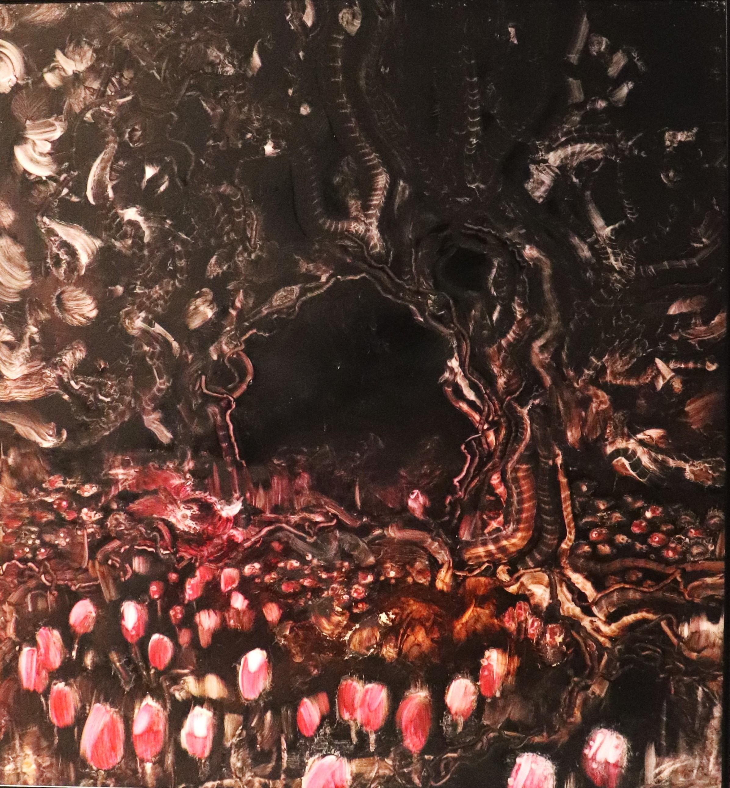 A dark, curling forest opening onto a glowing path of red mushrooms.