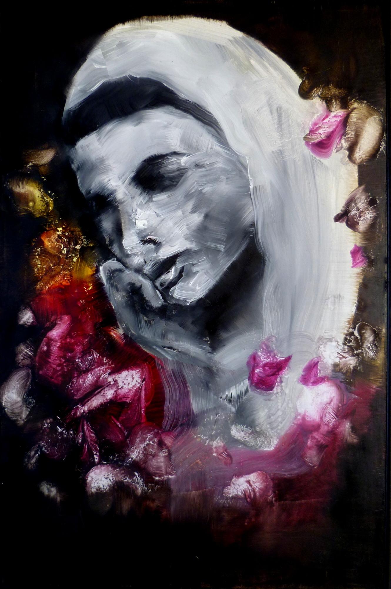 A bowed, pale-veiled figure cradling a dark shape, surrounded by deep red and pink flowers.