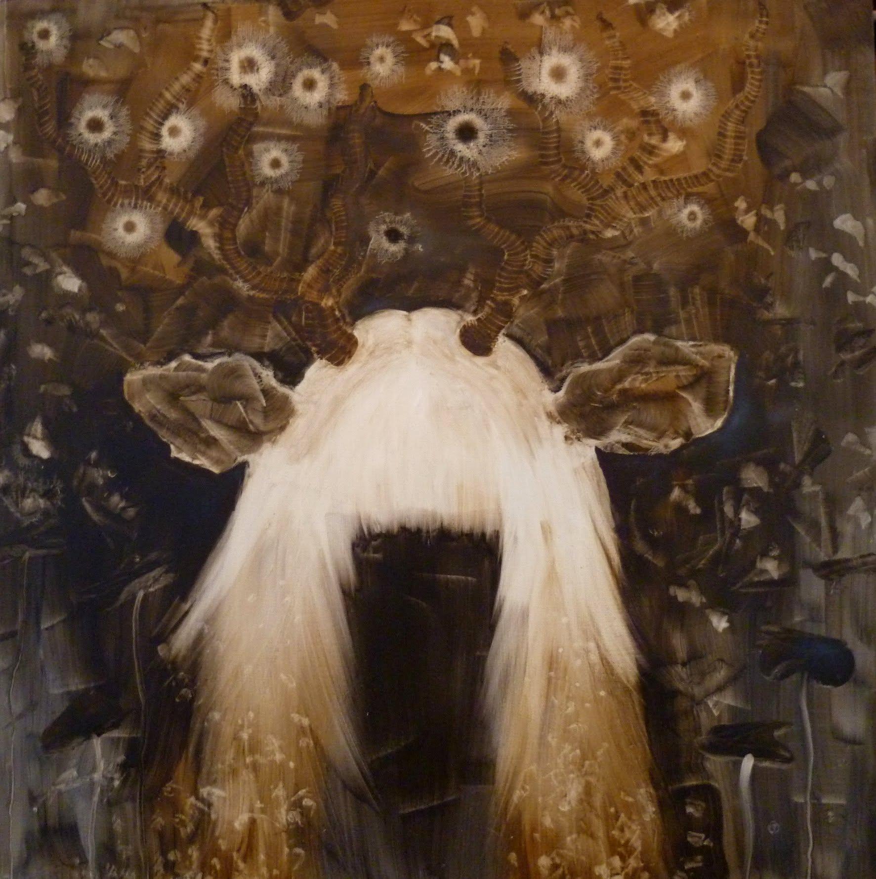 A pale horned figure emerging from a field of muted brown and flower-like eyes.