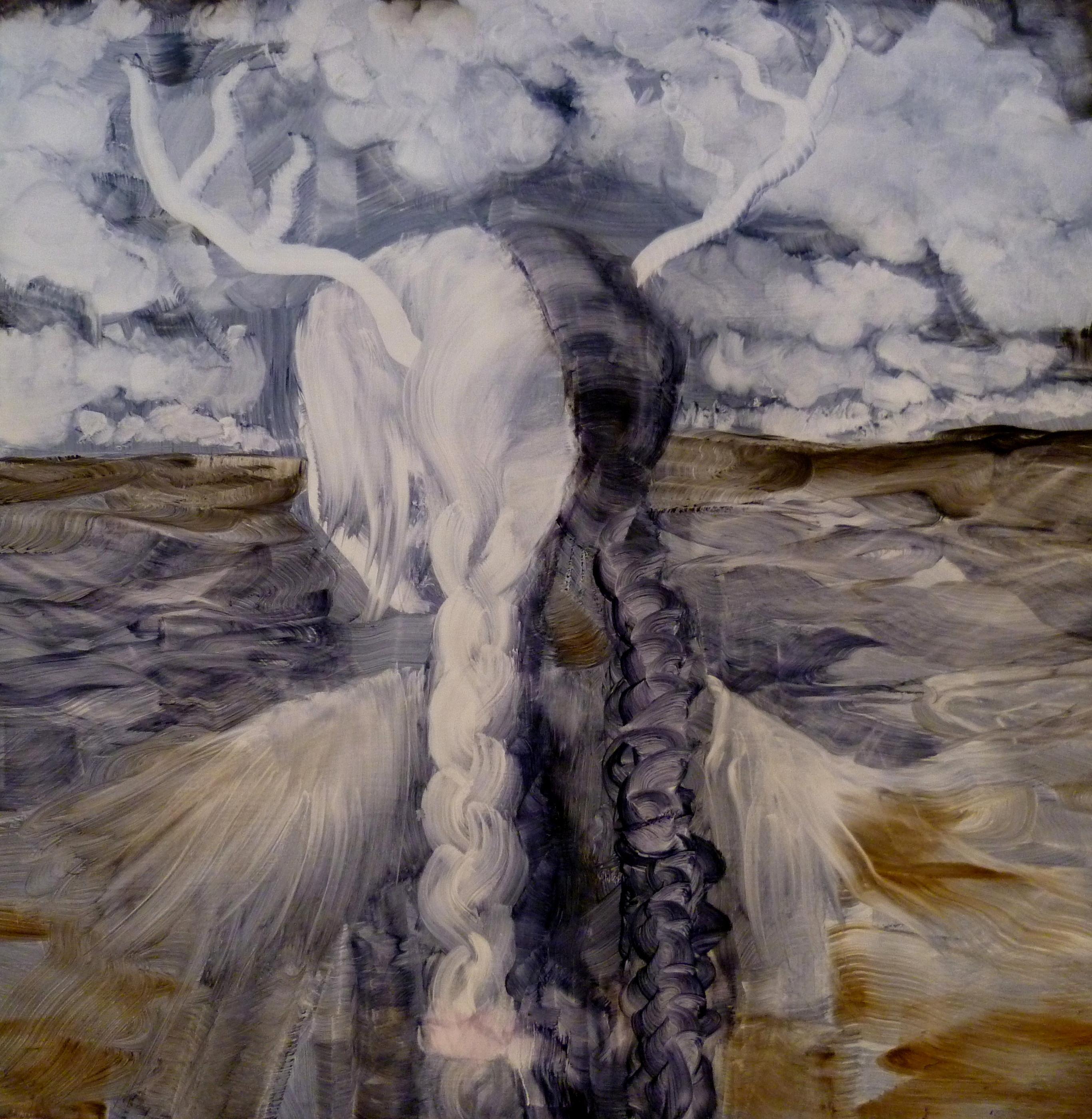An ethereal pale figure with a long dark braid beneath a turbulent clouded sky.