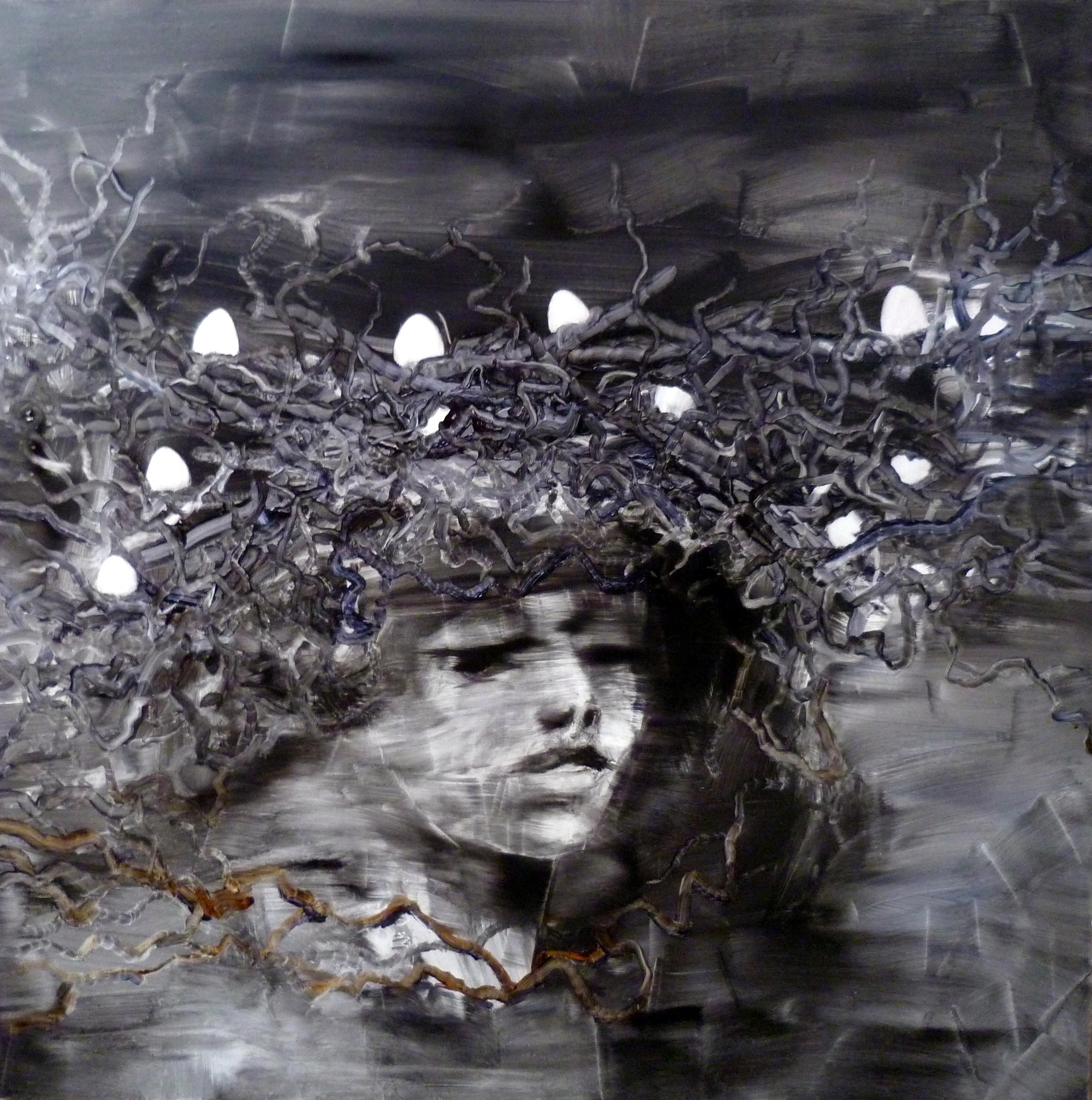 A grayscale face looking outward beneath a dense, nest-like crown dotted with white lights.