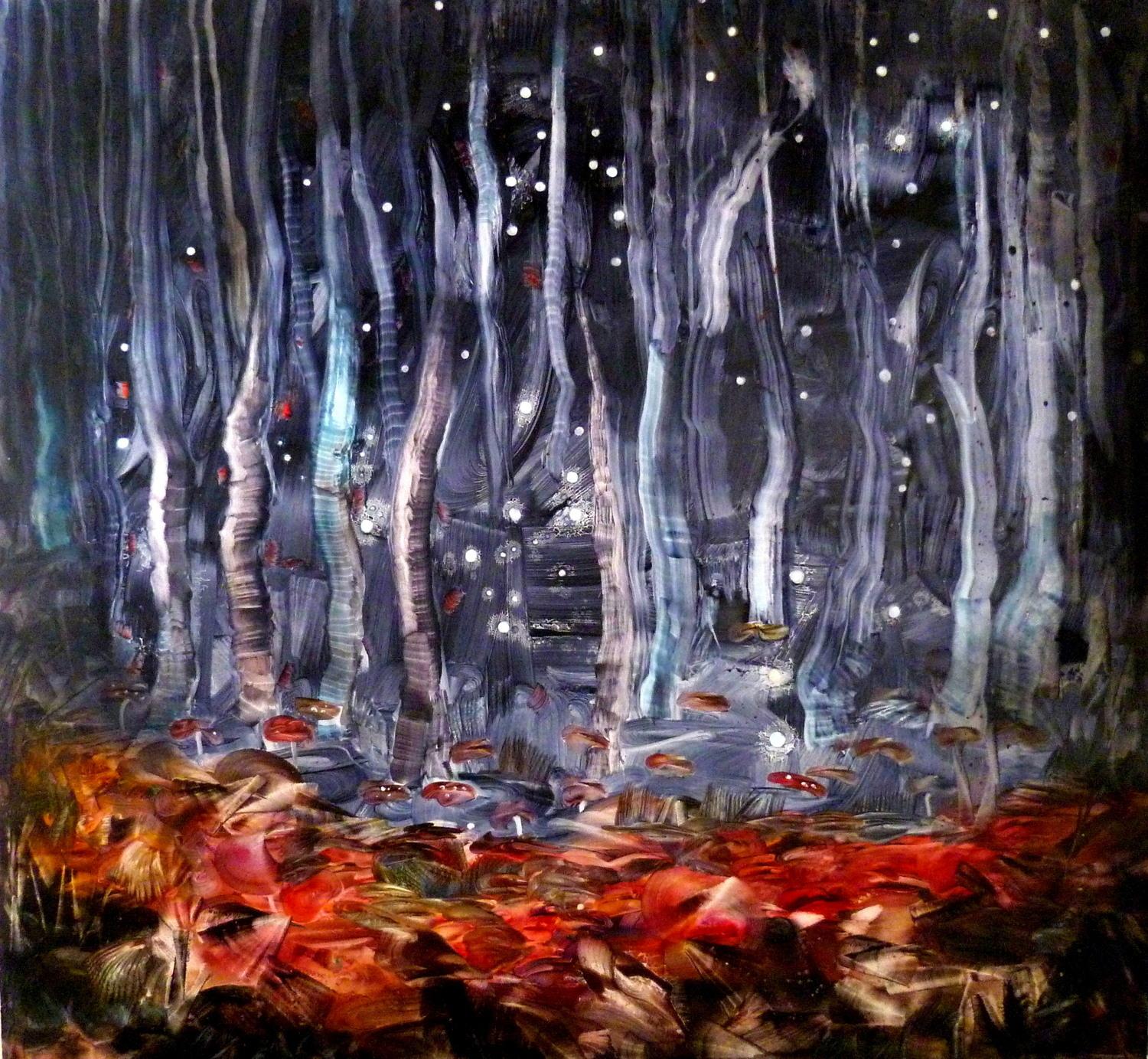 A moonlit blue forest scattered with white lights above a rust-red woodland floor.