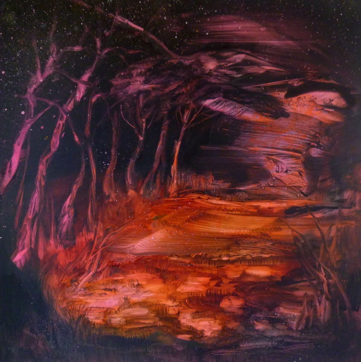 A red and violet night forest opening toward a bright ember-colored clearing.