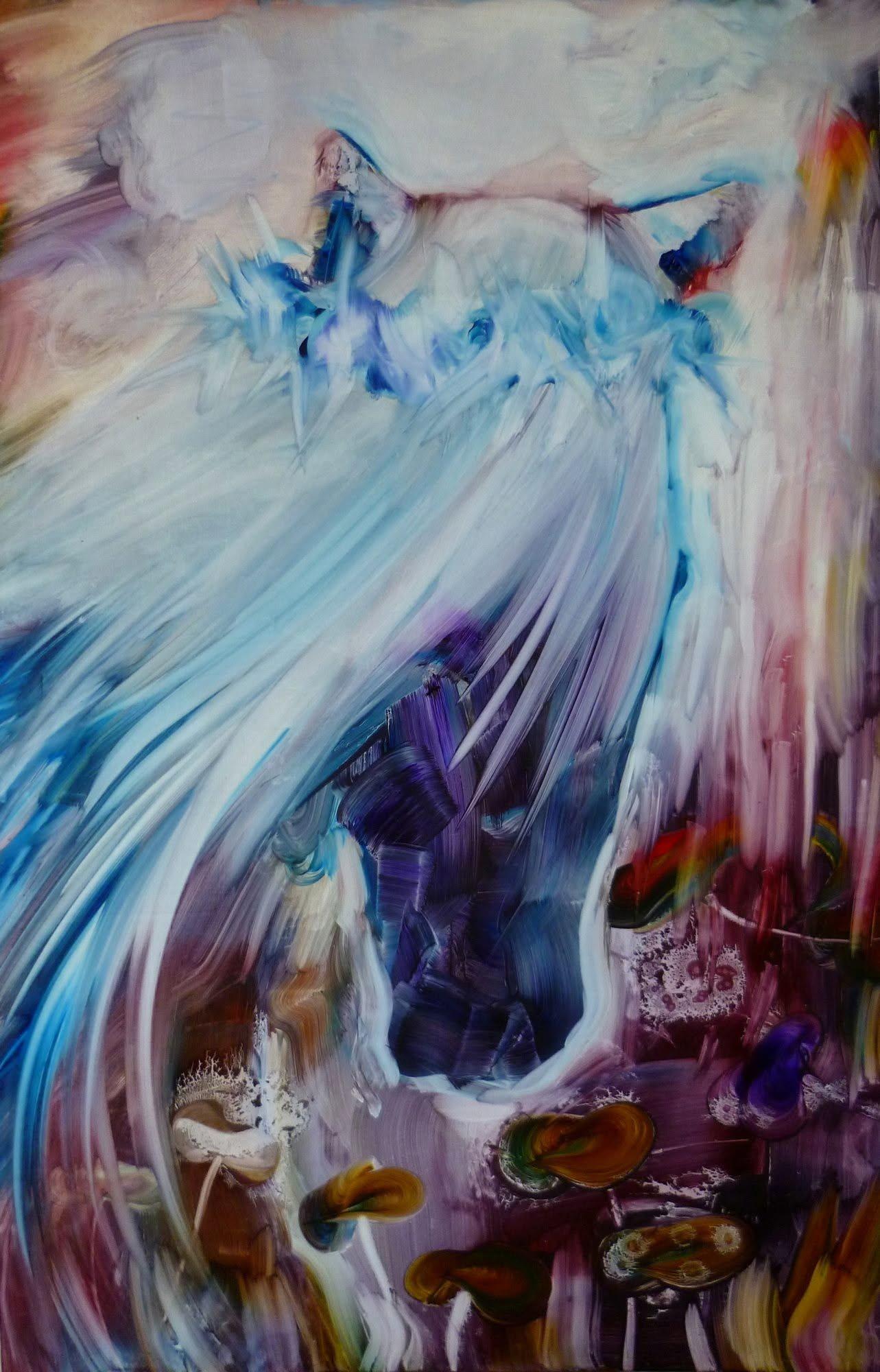 A spectral blue-white horse dissolving into a pale, loosely brushed landscape.