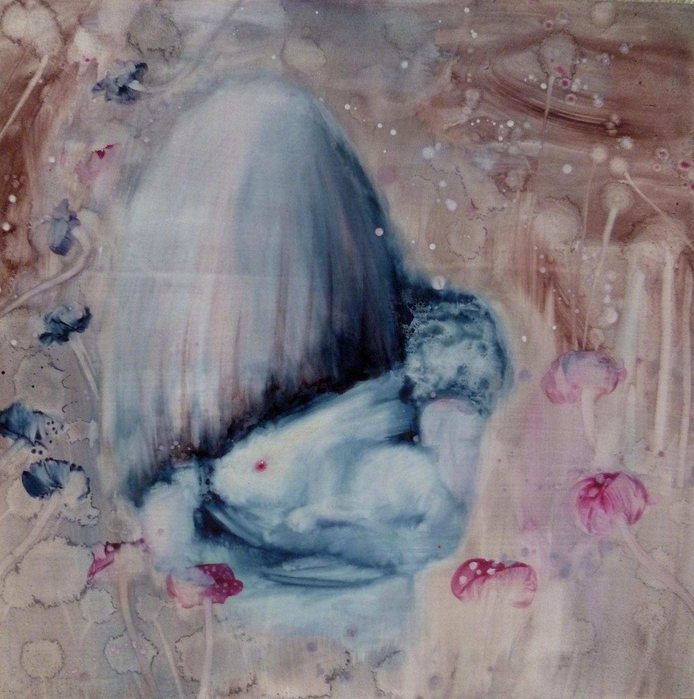 A curled blue figure resting in a pale pink and gray dreamlike space.