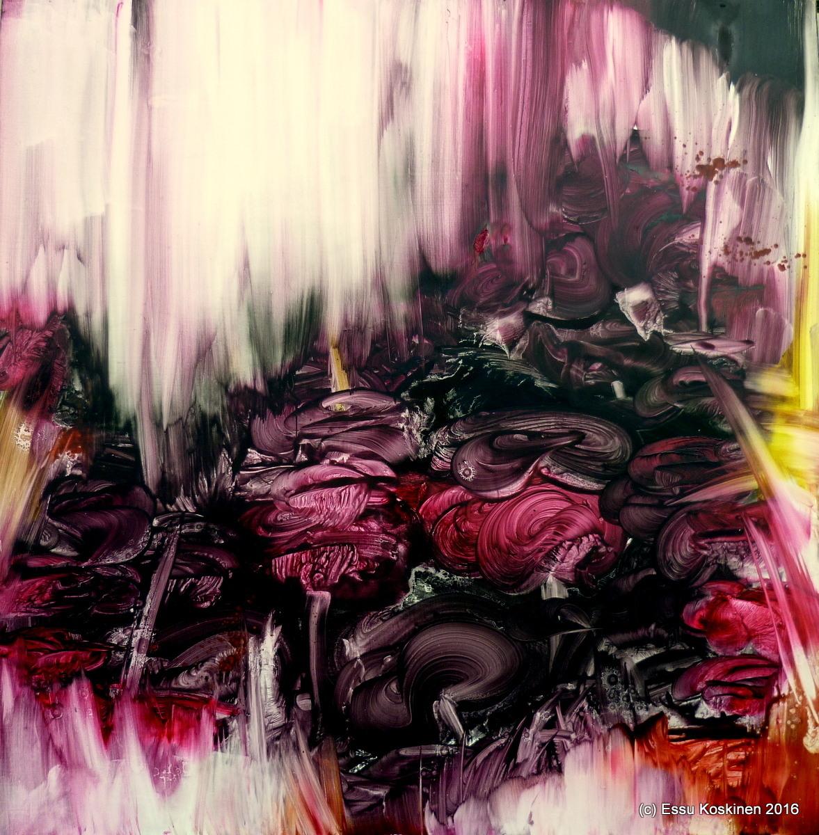 Dense magenta growth and dark rounded forms beneath a veil of dripping pale light.