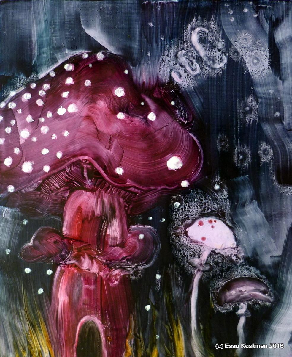 Red-spotted mushrooms clustered in a deep blue-black forest beside a small shadowed house.