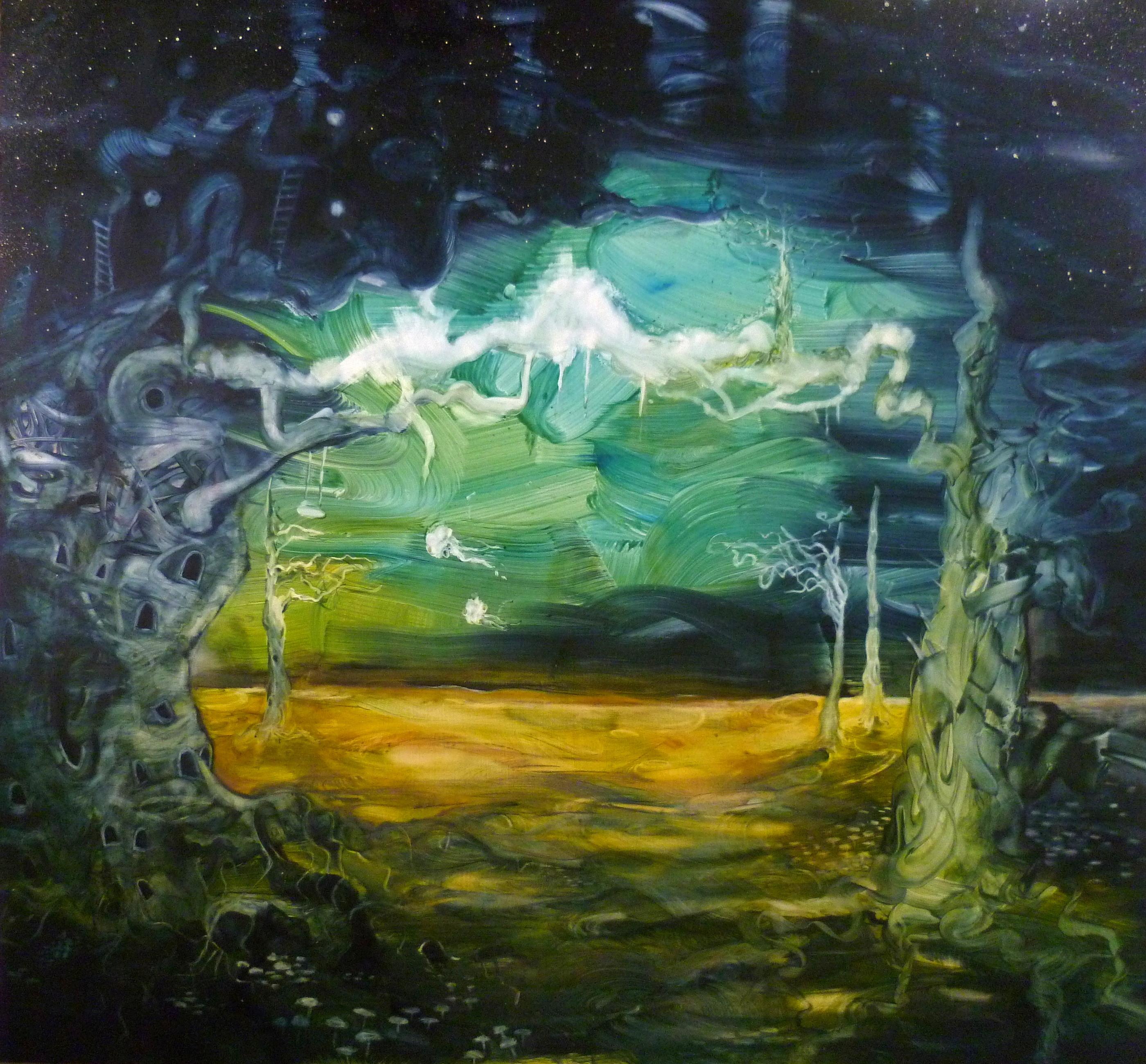 A small luminous green house hovering within dark blue and turquoise brushwork.