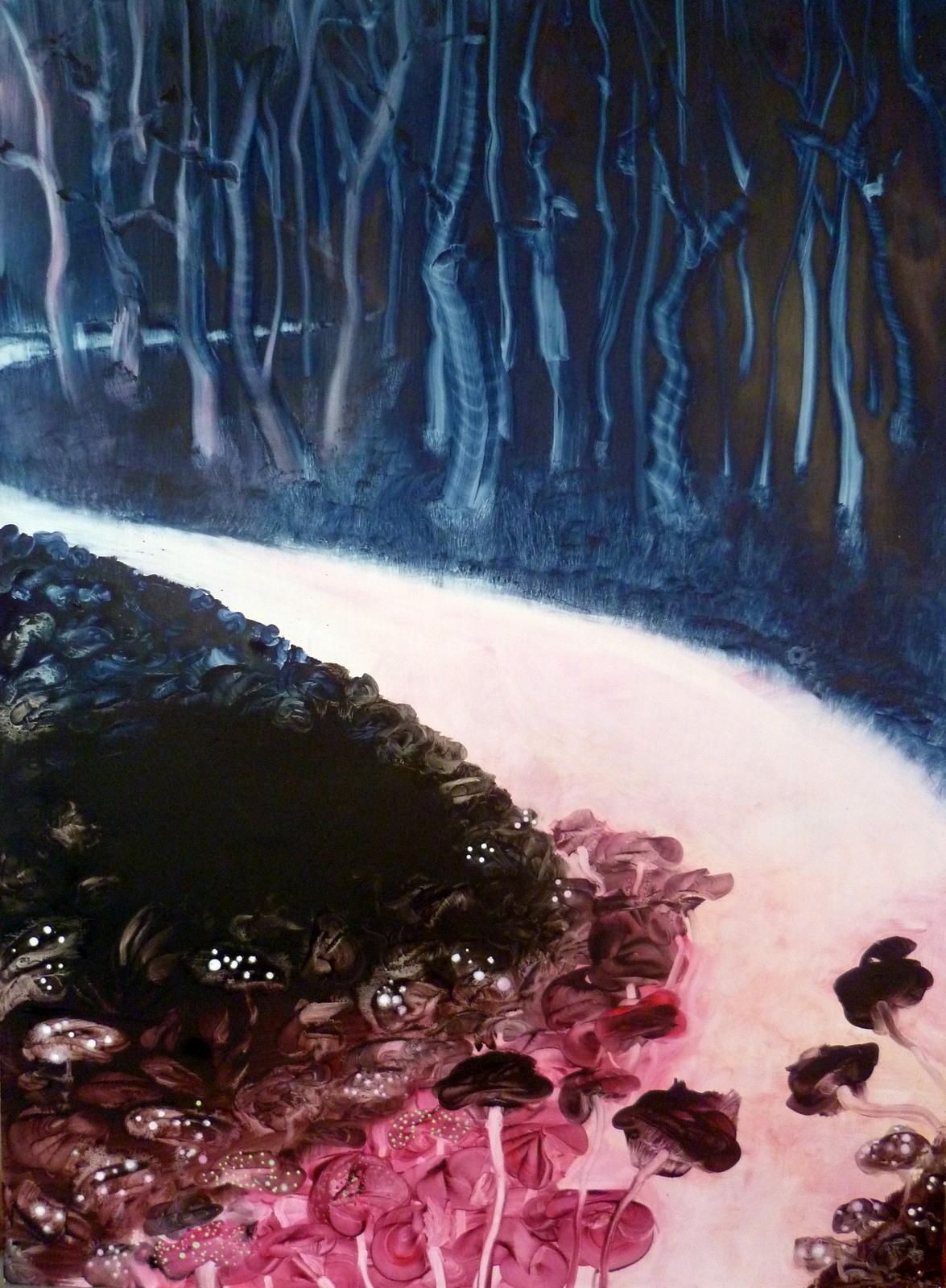 A pale pink path curving between black banks toward a dense blue forest.