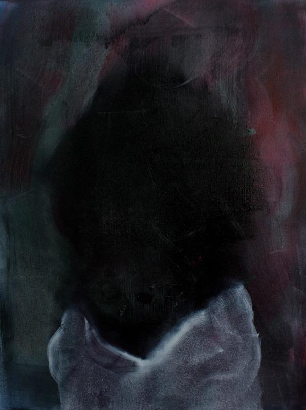 A dark hooded silhouette held inside folds of pale cloth against muted blue and burgundy.