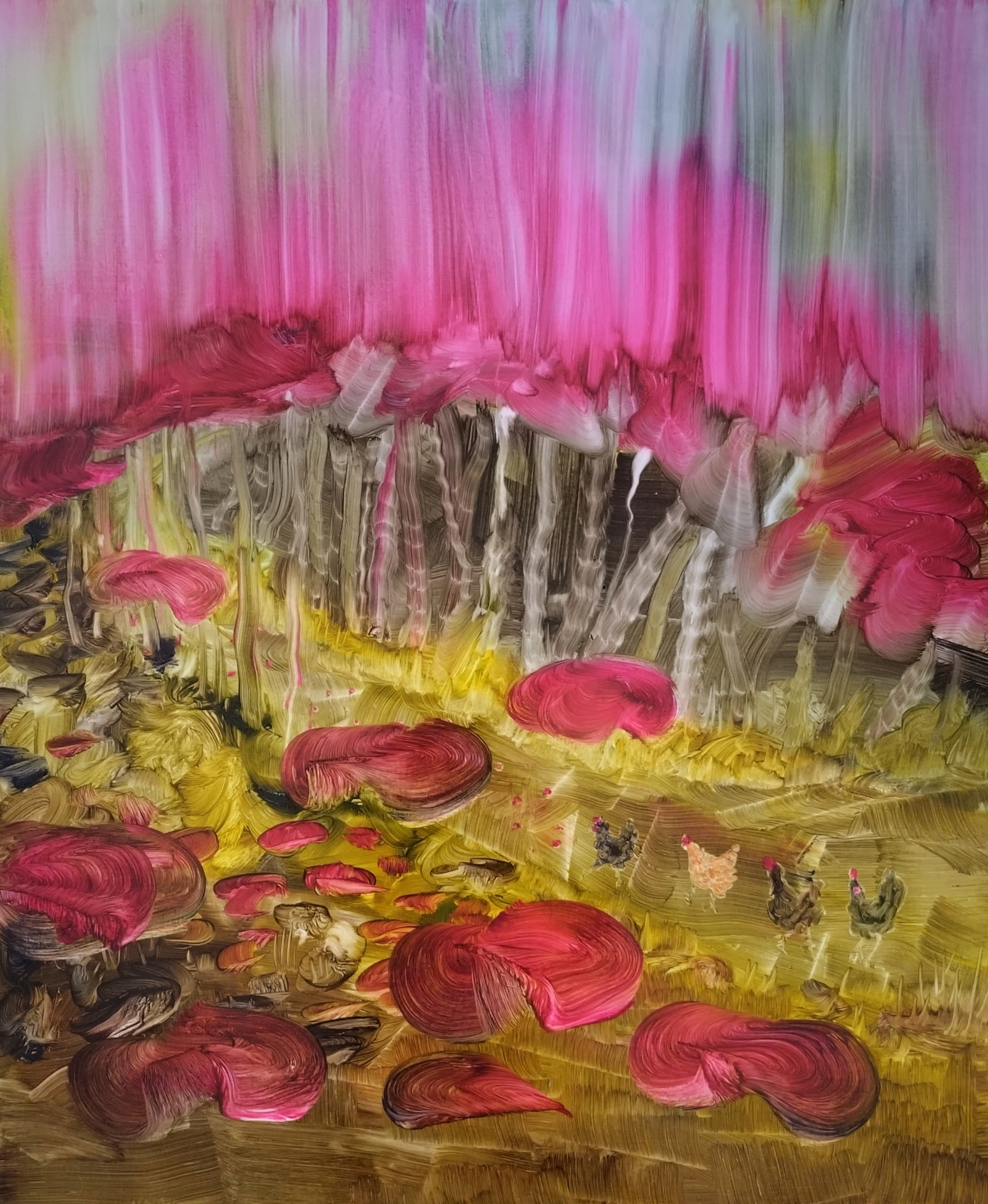 A luminous forest floor of red mushrooms beneath a curtain of dripping pink light.