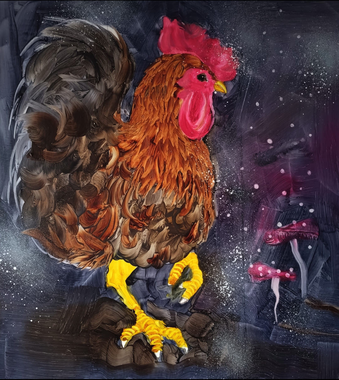 A richly colored rooster standing in a starry woodland among glowing mushrooms.