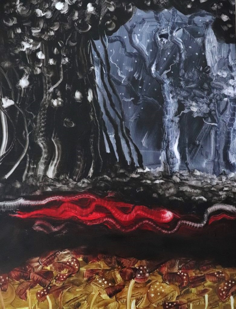A blue-black forest reflected around a vivid red current and a patterned golden shore.