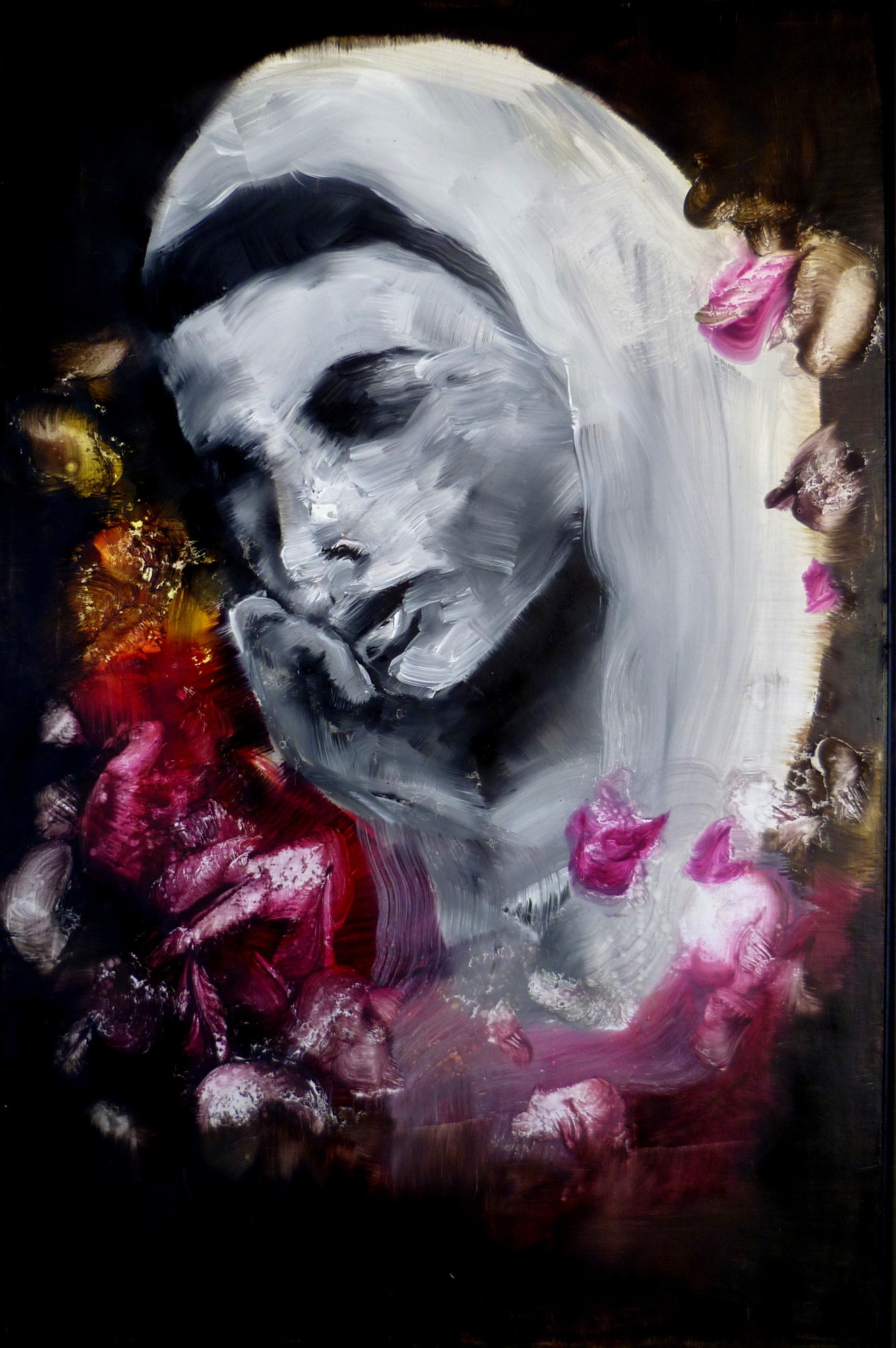 A bowed, pale-veiled figure cradling a dark shape, surrounded by deep red and pink flowers.