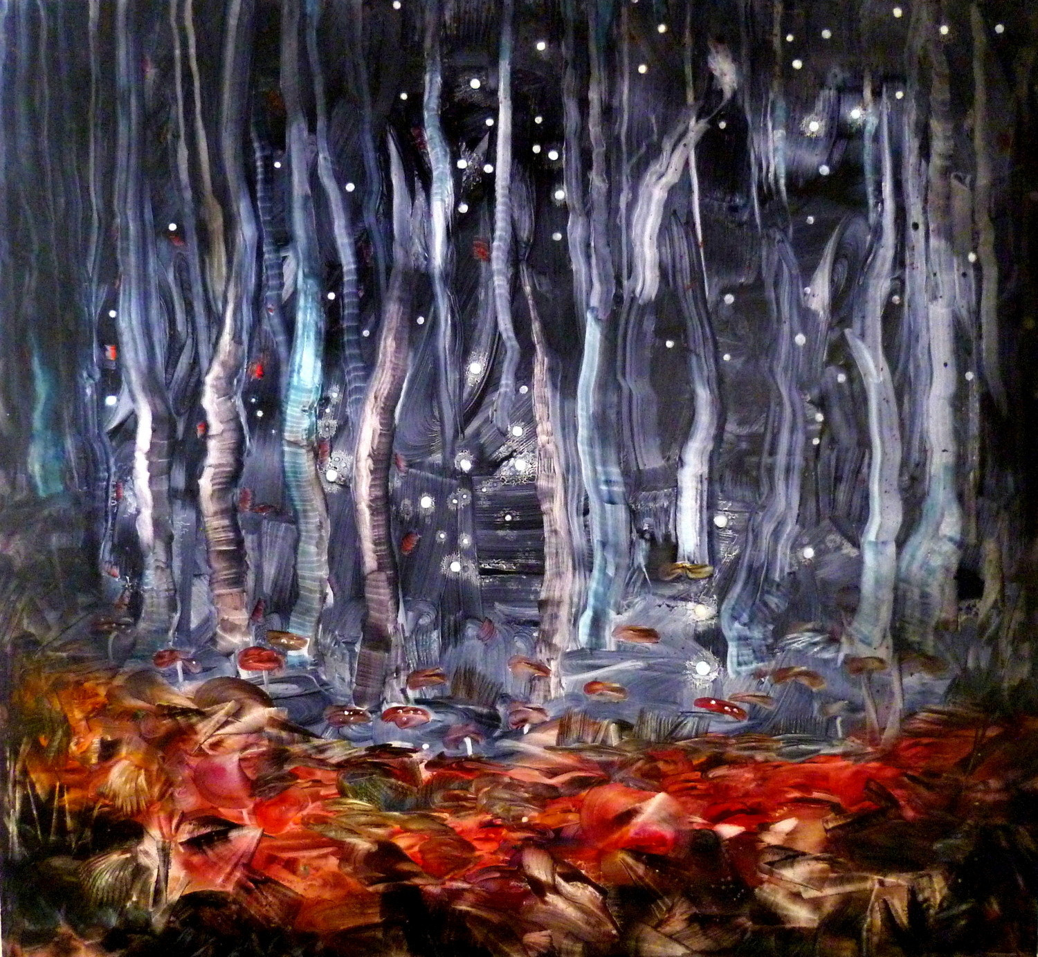 A moonlit blue forest scattered with white lights above a rust-red woodland floor.