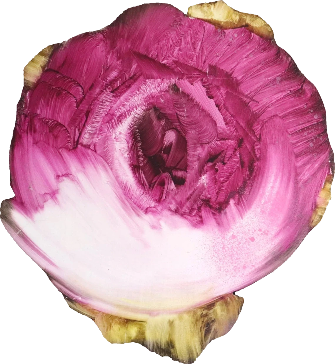 A round magenta flower painted on a shaped board, fading to near-white along its lower edge.