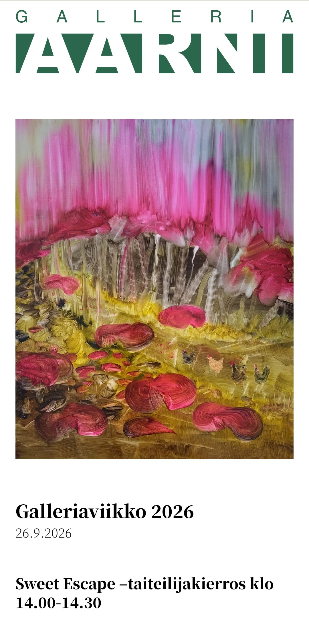 Gallery Aarni’s Gallery Week 2026 poster featuring Essu Koskinen’s painting Gretel’s Red Woods.