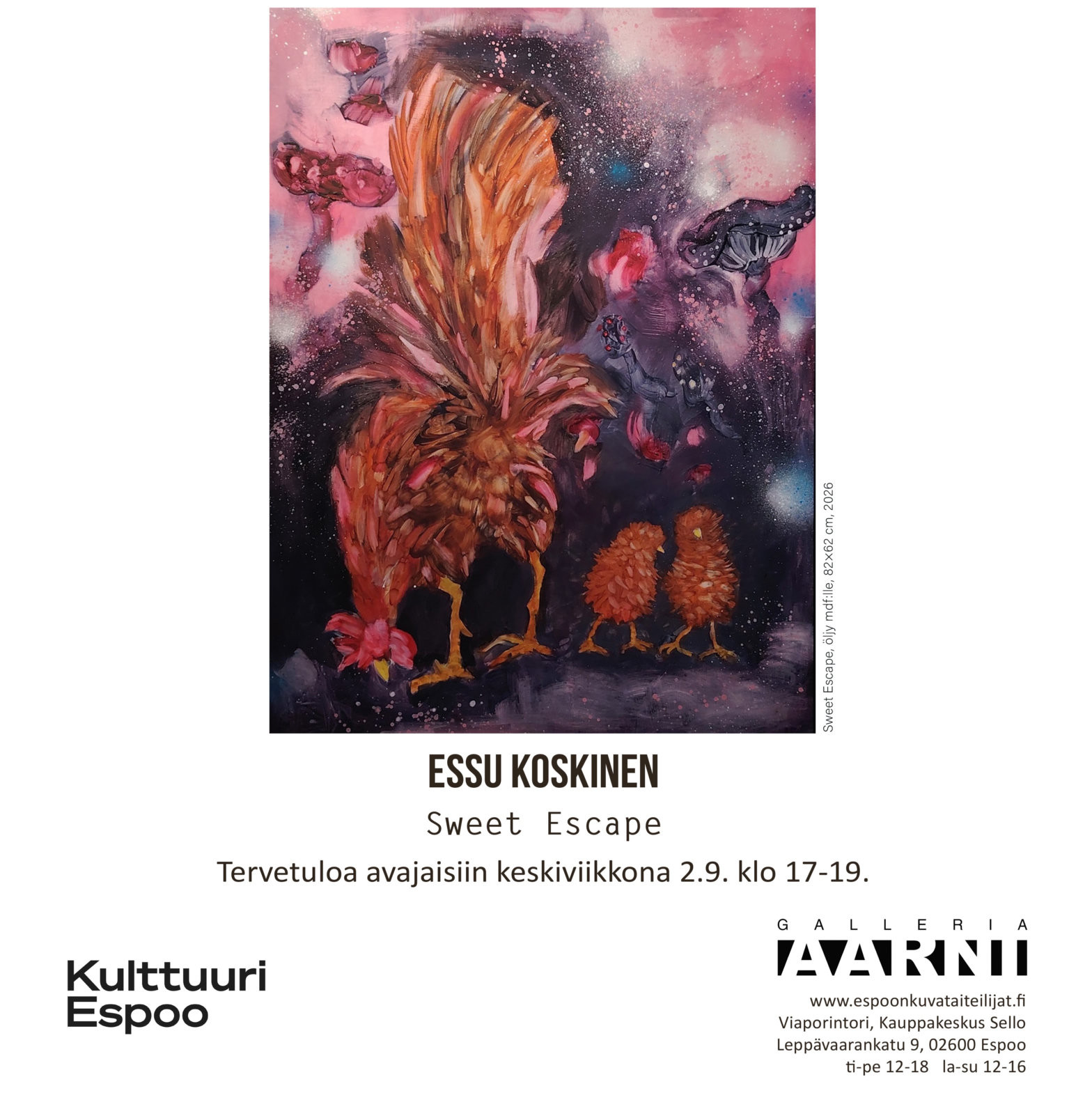 Sweet Escape -näyttelyn juliste, jossa on värikäs maalaus kanasta ja kahdesta poikasesta.